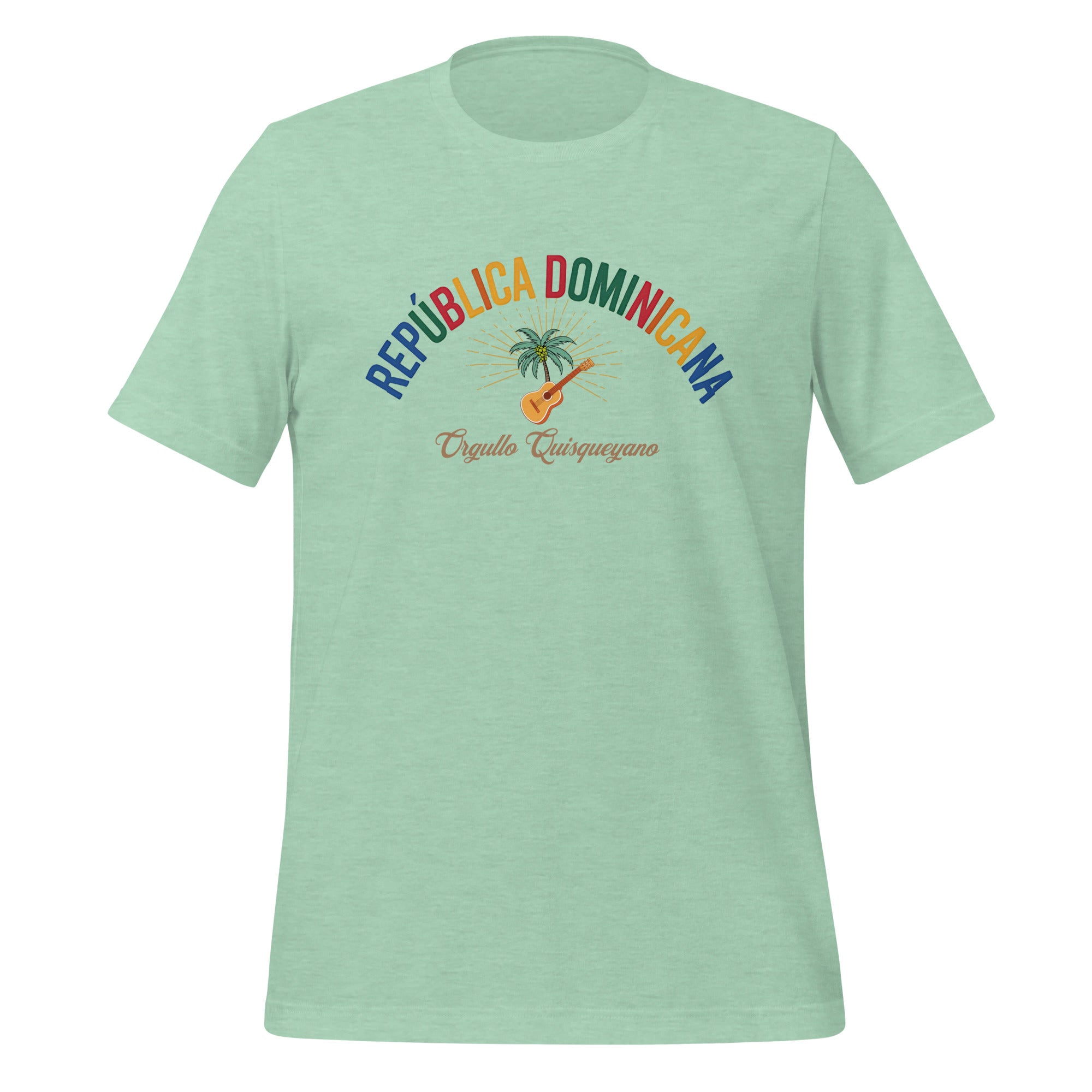 T-shirt con diseño colorido del país República Dominicana con texto “República Dominicana – Orgullo Caribeño”.